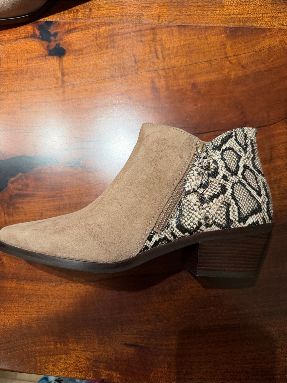 Cole Haan Suede Taupe Ankle Boot with Snake-Print Heel